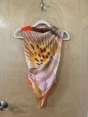 Zara Abstract Print Mesh Bodysuit with Ruching - Orange, Yellow, Pink
